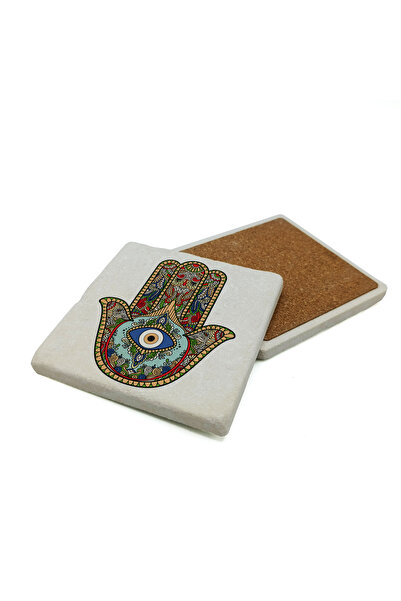 Sadrazam Hand of Fatima (with Evil Eye Beads) Printed Natural Stone Coaster 1...