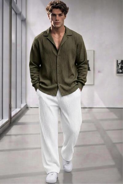 CAST COLLECTİON Set cămașă din țesătură verde și pantaloni albi pentru bărbați