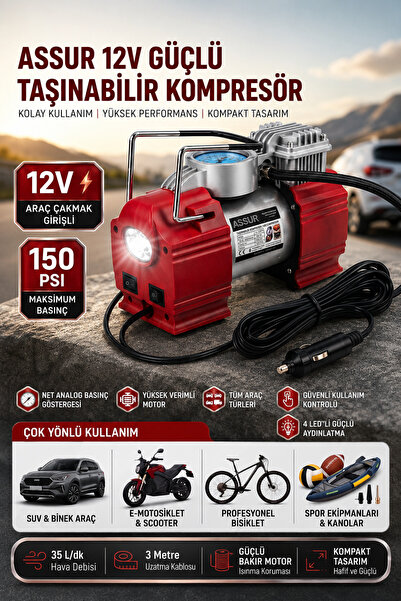 ASSUR 12v Çakmaklık Girişli 150 psi Mini Hava Kompresörü