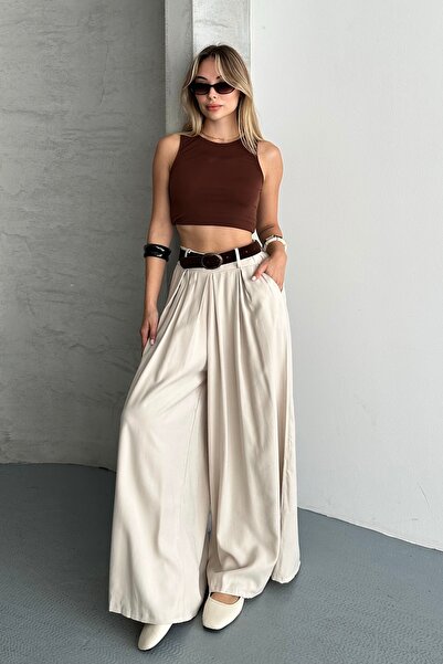 BEJNA Women's Belted High Waist Relaxed Fit Wide Leg Woven Palazzo Trousers
