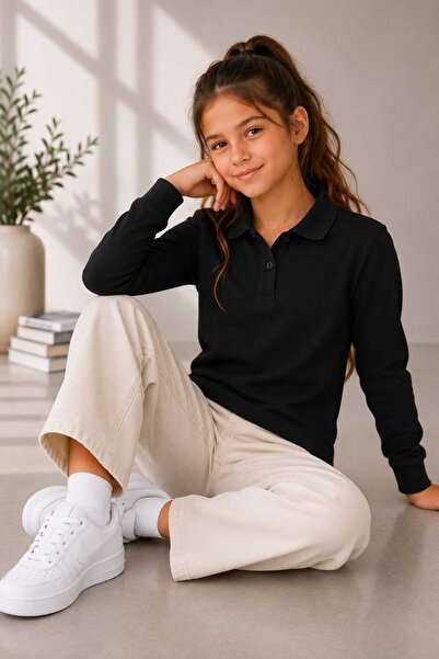 BEBEĞİME ÇORAP Girls' Long Sleeve Polo Collar School T-Shirt - Basic Casual Top