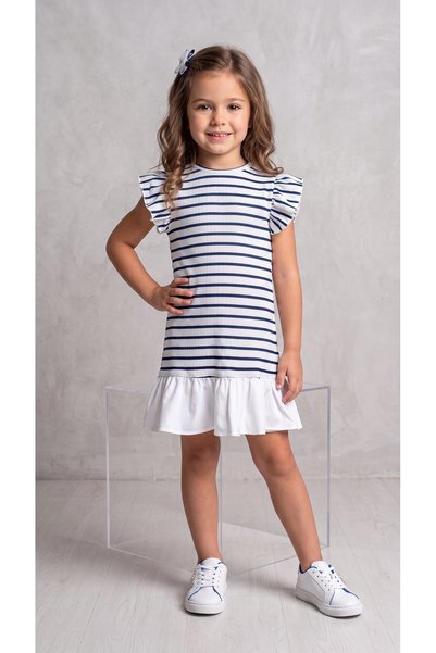 Generic Brand Girl's Striped Ruffle Sleeve Dress with Flounces at the Hem