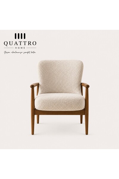 QUATTRO HOME Veluto Masif Kayın Ahşap Berjer – Bouclé Kumaş, Krem