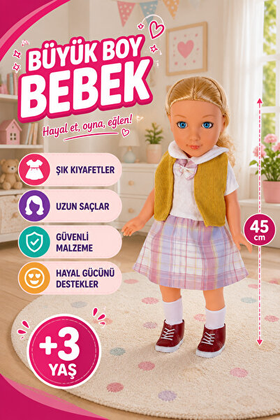 hak-iş oyuncak 45 cm Büyük Boy Et Bebek | Uzun Sarı Saçlı Ekose Etekli Şık Oyuncak Bebek | 3 Yaş ve Üzeri