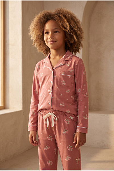 Katia&Bony Kız Çocuk Lovely Winter Çiçekli Gül Kurusu Pijama Takımı