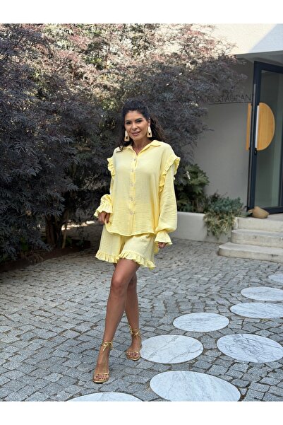 RAMONA BADESCU EXCLUSIVE Set de damă din muselină imprimată (bluză și pantaloni) – ananas