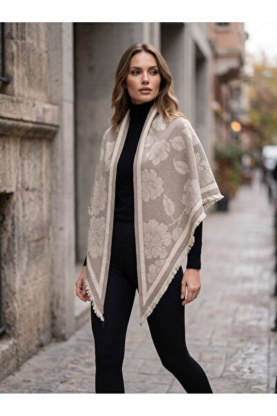 Luminos Butik Kadın Bej Çiçek Desenli Üçgen Şal SAL1313