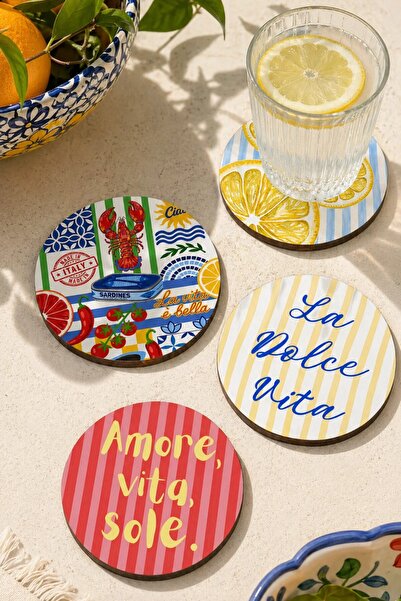 Mess Negozıo La Dolce Vita Bardak Altlığı 4'lü Set –- 9 cm, UV Baskı, Dekorat...