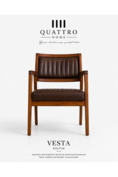 QUATTRO HOME Vesta Masif Kayın Ahşap Kollu Kahverengi Döşemeli Sandalye