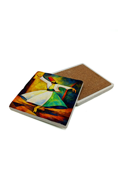 Sadrazam Geometric Colorful Semazen Printed Natural Stone Coaster 10X10 1G-Se...