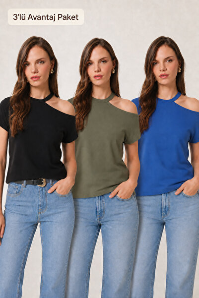 Lovelyİstanbul 3-Pack Cut Out Detailed Viscose Blouse Lrn0068 Black Khaki Dar...