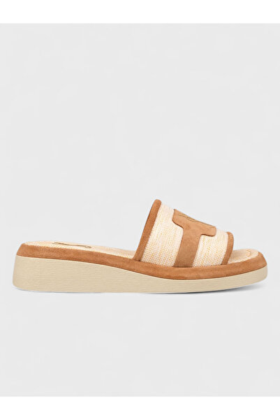 Sadık Yılmaz Women's summer flat slippers - 612 402 - beige linen-mink suede