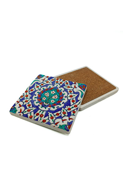 Sadrazam Ottoman Iznik Tile Pattern Printed Natural Stone Coaster 10X10 1G-Çini5