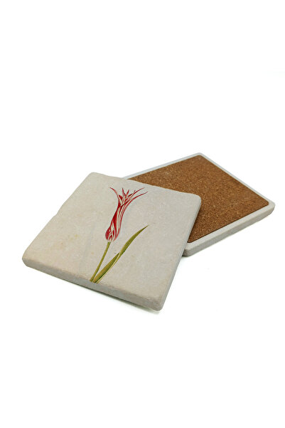 Sadrazam Ottoman Tulip Drawing Printed Natural Stone Coaster 10X10 1G-Olale1