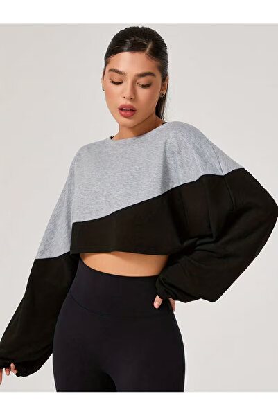 Machetta Women's Gray Black Patchwork 100% Cotton Crop Sweatshirt