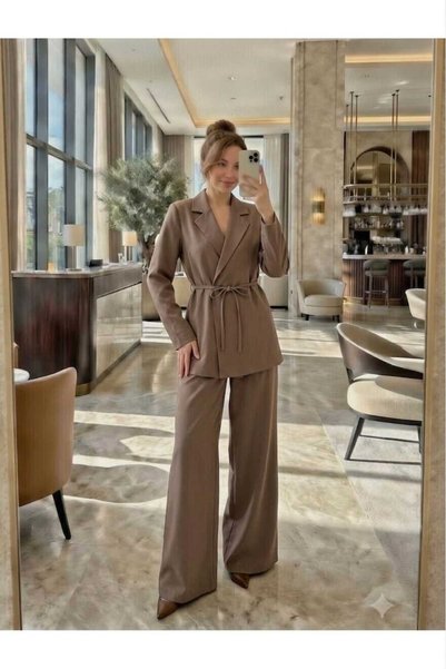 newmisal Women's Lace-Up Classic Jacket and Wide-Leg Comfortable Cut Pants Set