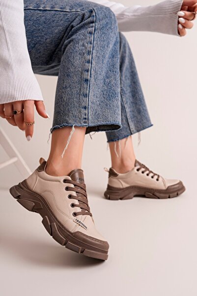 SEFERİ Women's Cream Lace-Up Sports Shoes with Brown Soles