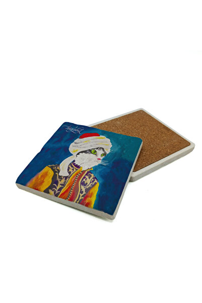 Sadrazam Natural Stone Coaster with Cat Print and Bark Design 10X10 1G-Sk1