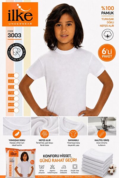İlke Children's White Crew Neck Short Sleeve Undershirt 6-Pack 100% Cotton
