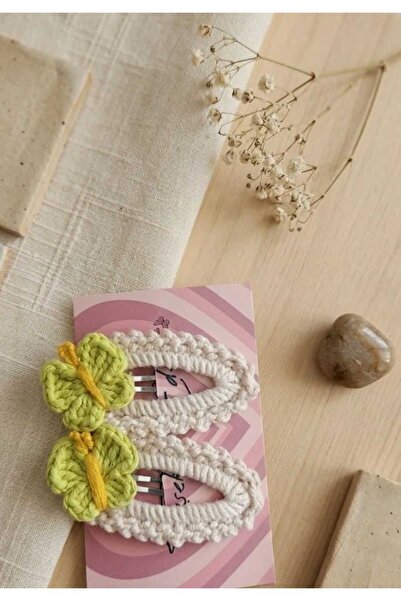 Eylülce Pastel Yeşil Kelebekli El Örgüsü 2'li Çocuk Toka Seti