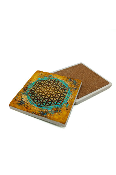 Sadrazam Flower of Life Symbol Printed Natural Stone Coaster 10X10 1G-Flowero...