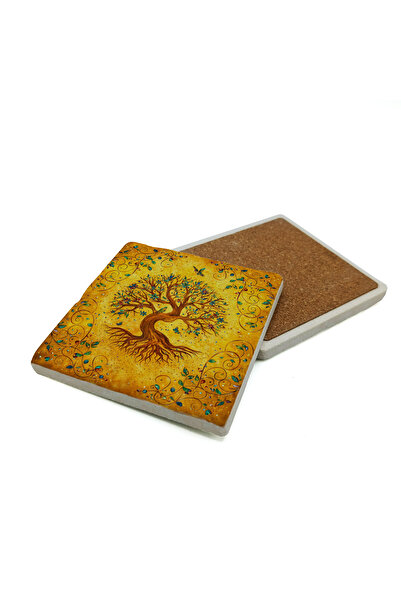 Sadrazam Motifed Tree of Life Symbol Printed Natural Stone Coaster 10X10 1G-T...