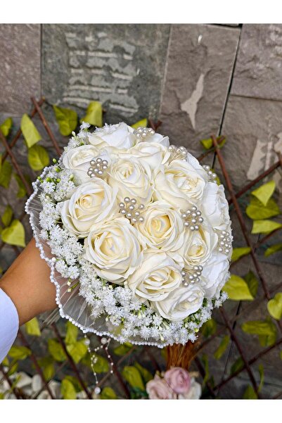 GÜRLEK TEKSTİL İncili Gül Tomurcuklu Gelin Çiçeği Gül Buketi Ve Damat Yaka Çiçeği
