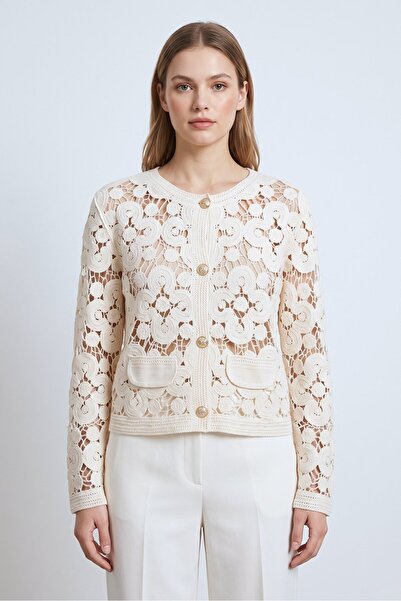 Saade Beige Lace Embroidered Gold Button Standard Size Women's Cardigan/Jacket