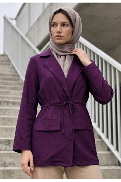 LENFORA Cep Detaylı Tünel Bağcıklı Keten Görünümlü Kimono -Mürdüm