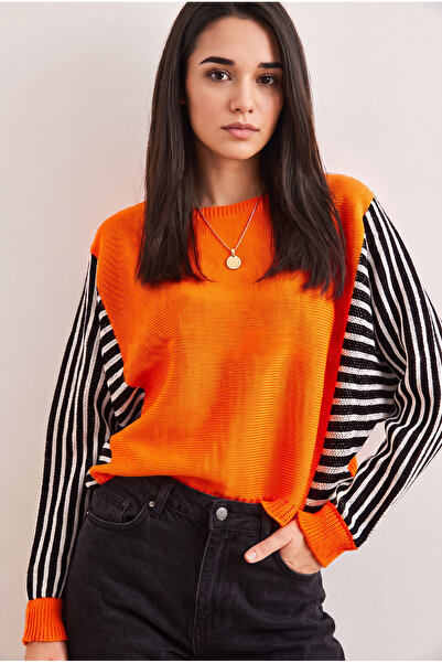 WeShaya Women's Orange, Striped Acrylic Knitwear Sweater, Batwing Sleeve, Boa...
