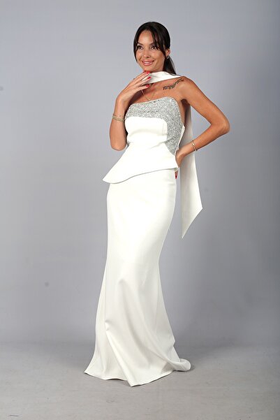 By Saygı Women's Asymmetrical Strapless Collar Lined Crepe Long Dress with St...