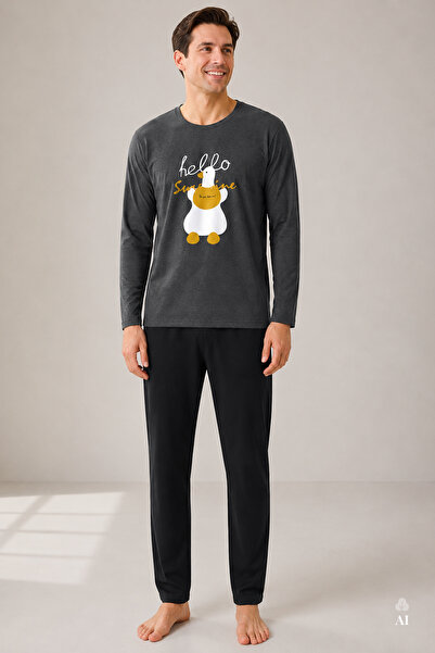 koza iç giyim Men's Long Sleeve Duck Print Pocketless Long Bottom Pajama Set