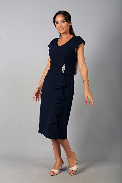 By Saygı Women's V-Neck Lined Draped and Stone Detailed Flounce Crepe Midi Dress