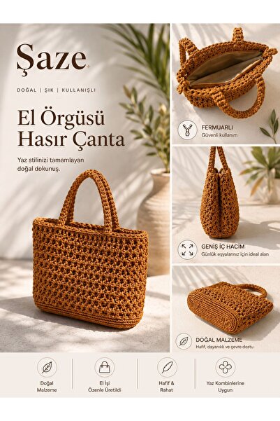 SAZE Şaze Women's Hand-Knitted Straw Bag with Zipper, Large Internal Volume, ...