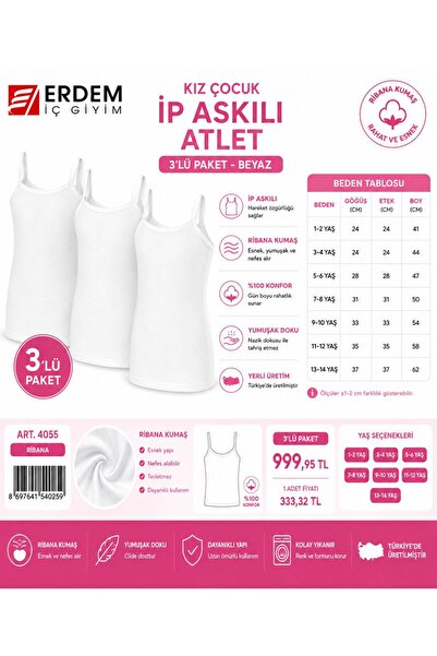 ERDEM İÇ GİYİM Erdem Tricou cu bretele alb din 3 piese pentru fete