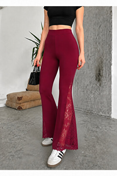 ÇEÇİM Women's Spanish Leg Slit Lace Detailed Scuba Leggings Trousers Zyn-58658