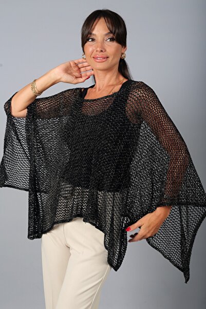 By Saygı Ženska mrežasta pletena pončo bluza asimetričnog kroja