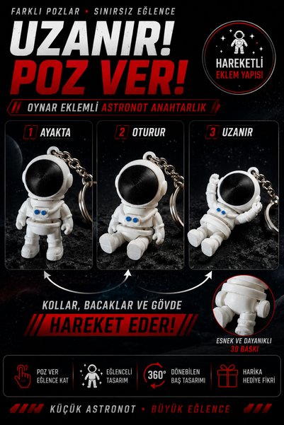 Vexa Aksesuar Boxed Movable Jointed Astronaut Keychain Bag Accessory 360 °   Animated 3D Printing Gift Product