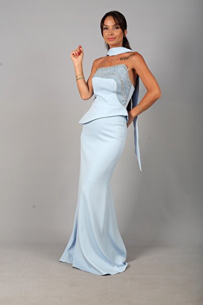 By Saygı Women's Asymmetrical Strapless Collar Lined Crepe Long Dress with St...