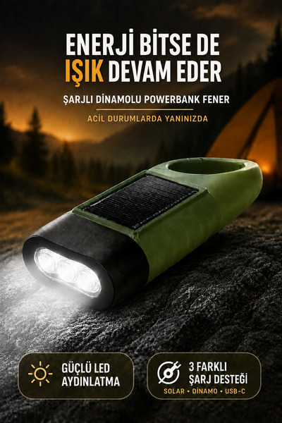 Ecuy Solar Panelli Şarjlı Dinamolu Powerbank Fener El Kranklı USB-C Kamp ve A...