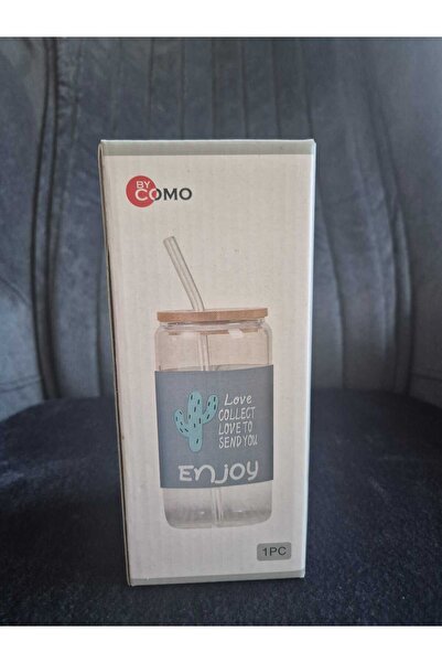 Lider MAGNESİA 550 ML ISIYA DAYANIKLI CAM PİPETLİ BAMBU KAPAKLI BARDAK SOĞUK KAHVE BARDAĞI KAKTÜS DESENLİ