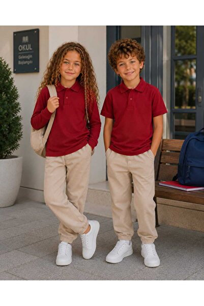 BEBEĞİME ÇORAP Girls' and Boys' Polo Collar School T-Shirt 2-Pack - Long Slee...