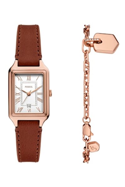 Fossil Set de ceas cu curea din piele și brățară Raquel, Auriu, Maro scorțișoară