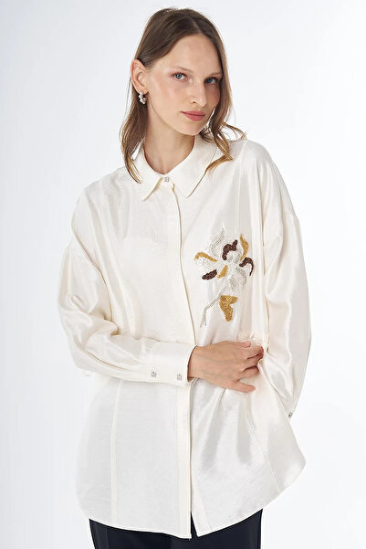 Kayra Satin Blouse Cream with Embroidery Detail