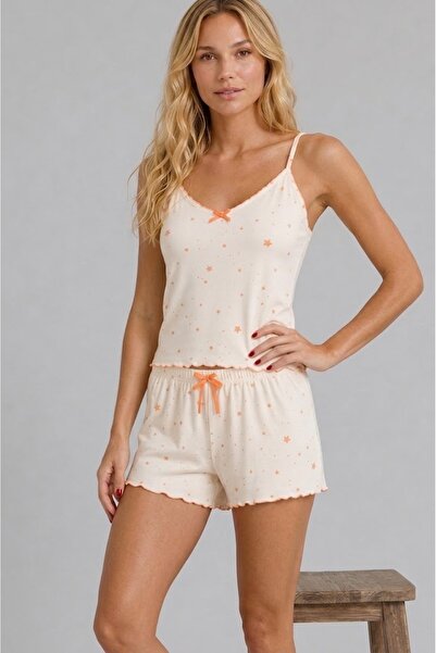 Pijamask Women's Orange Star Patterned Thin Strap Shorts Pajama Set