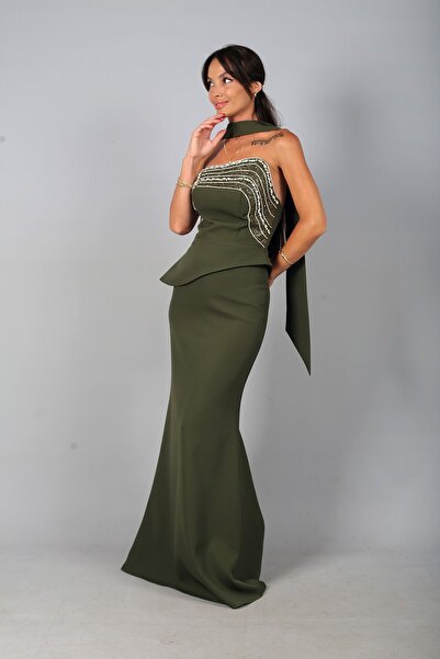 By Saygı Women's Asymmetrical Strapless Collar Lined Crepe Long Dress with St...