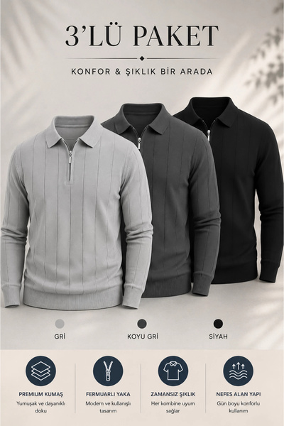 Edwox Men's Polo Collar Sweater 3-Piece Set T1 Edwtk195