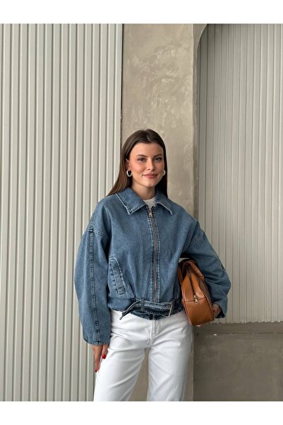 Gül Maison Women's Light Blue Oversize Zippered Denim Jean Jacket with Belt D...
