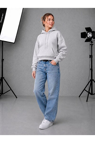 herkesemoda Women's Hooded 2 Thread Raster Crop Length Oversize Sweatshirt wi...