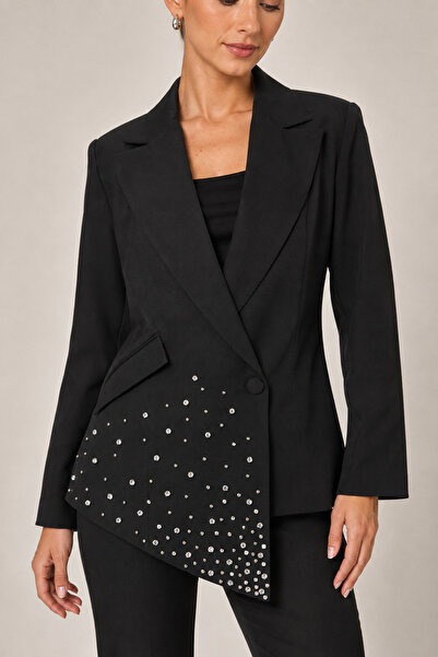 Mys Collection Kadın Siyah Taşlı Blazer Ceket Asimetrik Kesim